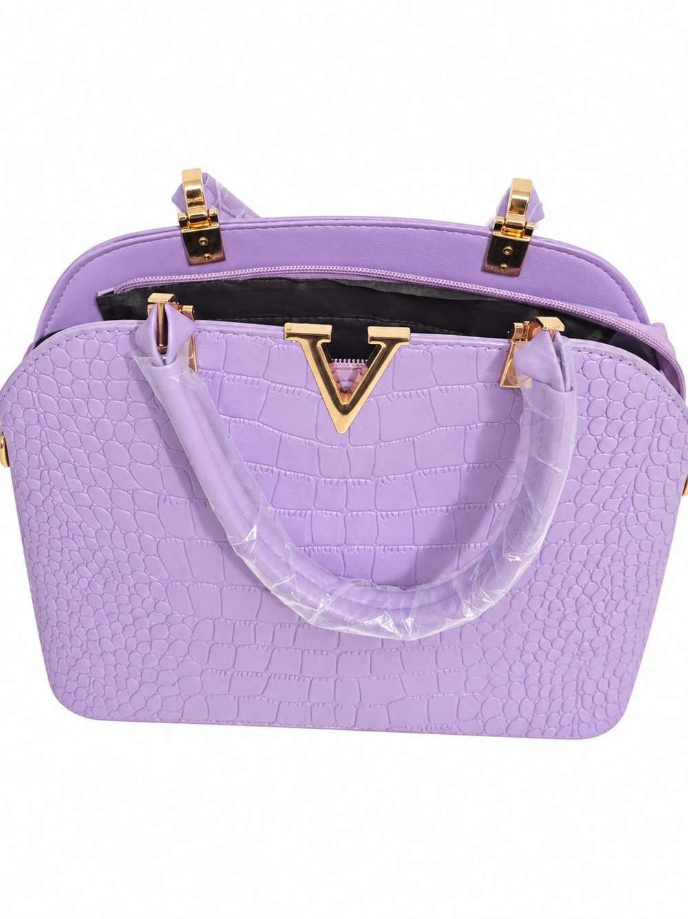 Lavender Croc-Textured Dome Tote Bag with Gold Accent